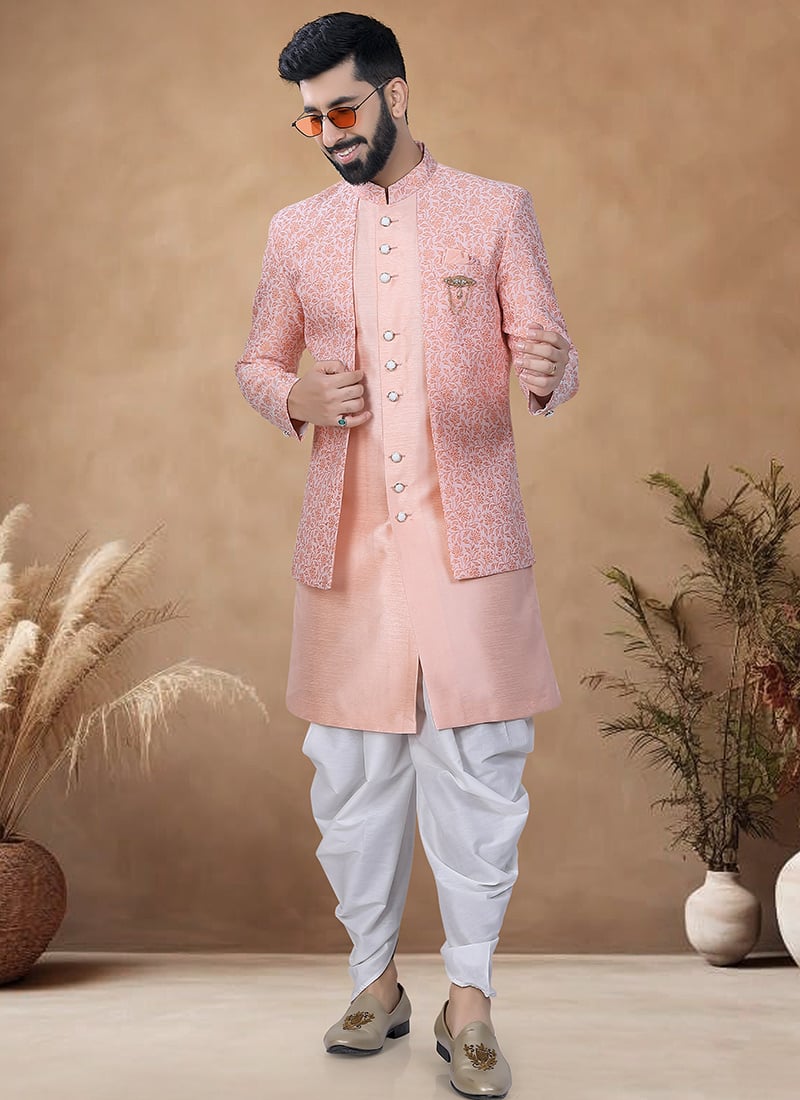 Peach Silk Jacquard Print Indowestern Sherwani Wedding Wear