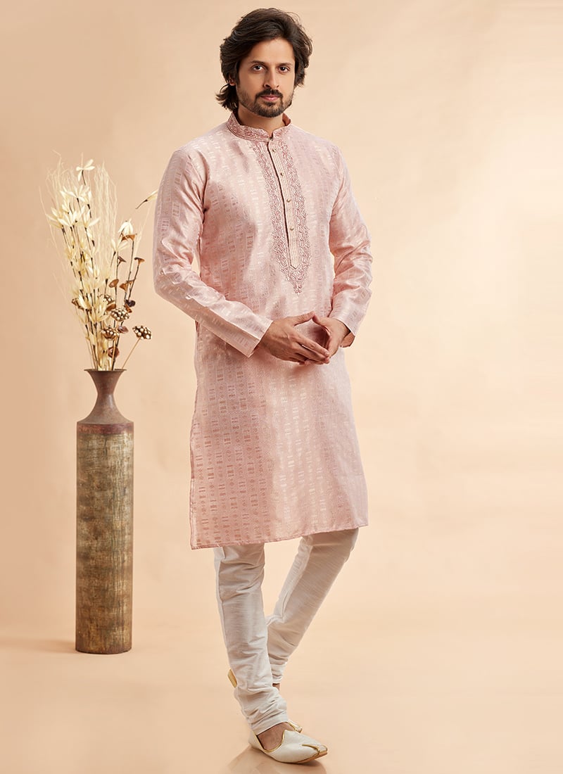 Peach Silk Jacquard Thread Kurta Pyjama Festive Wear