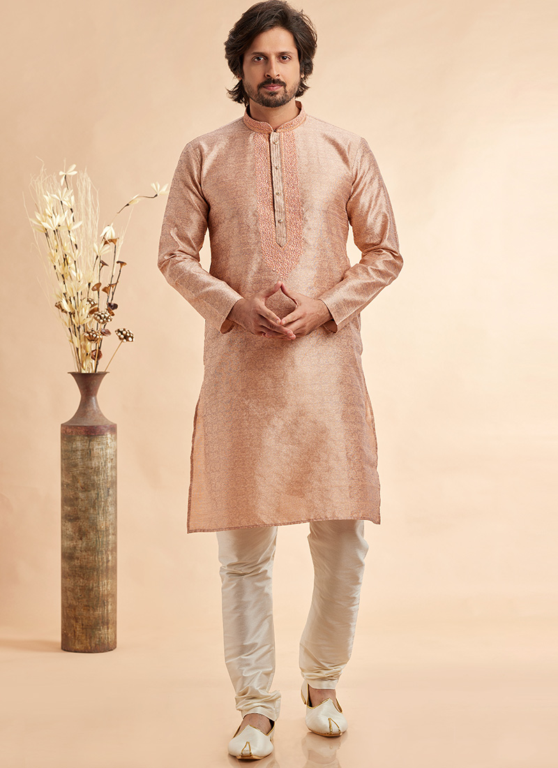 Peach Silk Jacquard Thread Kurta Pyjama Festive Wear