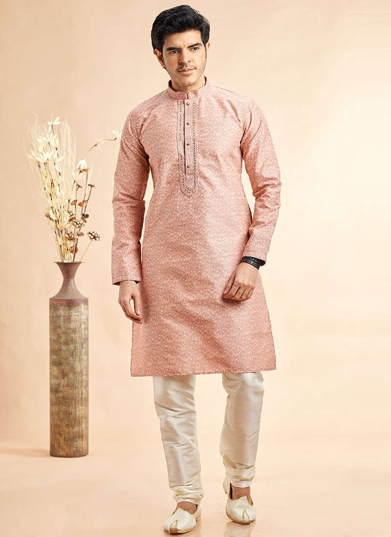 Peach Silk Jacquard Thread Kurta Pyjama Festive Wear