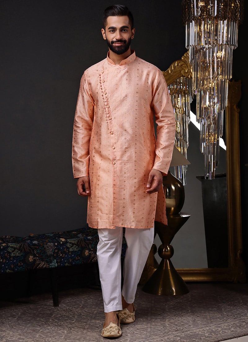 Peach Silk Jacquard Woven Kurta Pyjama Festive Wear