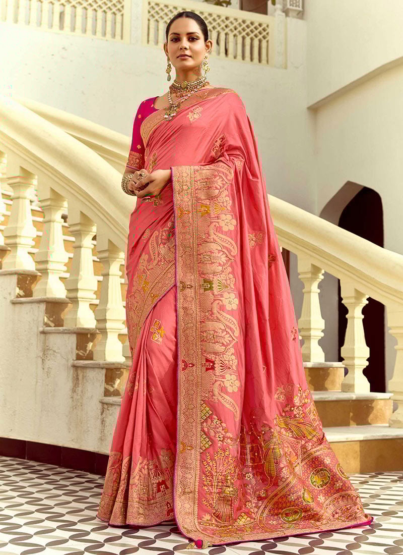 Peach Silk Jacquard Zari Embroidered Beads Saree