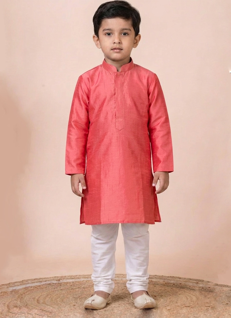 Peach Silk Kurta Pyjama For Boys