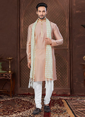 Peach Silk Lace Work Kurta Pyjama