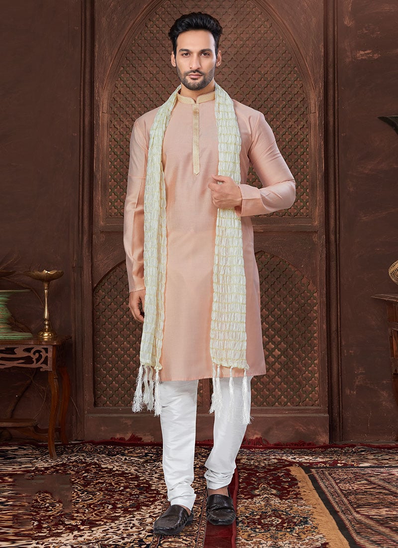 Peach Silk Lace Work Kurta Pyjama Festive Wear