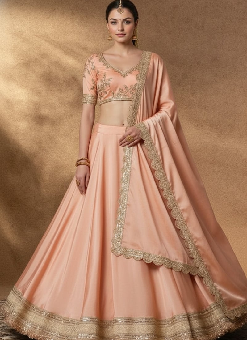 Peach Silk Lehenga Set With Zari Hand Embroidery Sequins Wedding Wear