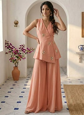 Peach Silk Mirror Work Indowestern Palazzo Set