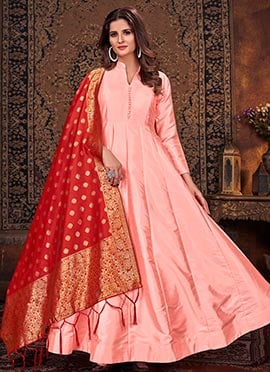 Peach Silk Plain Anarkali Suit