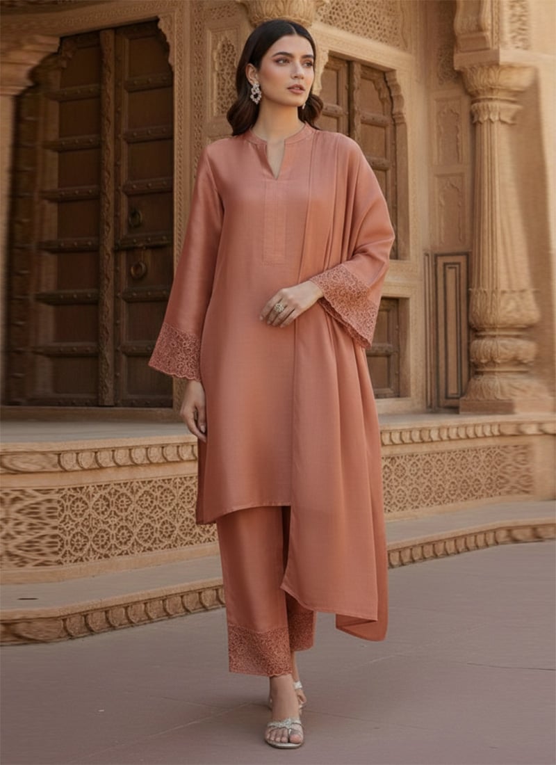 Peach Silk Resham Work Straight Pant Suit Festive Wear