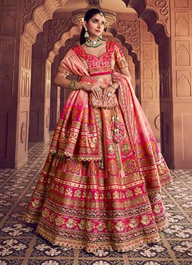 Peach Silk Resham Zari Stones Umbrella Lehenga