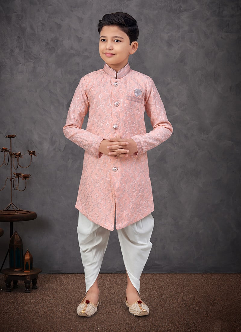 Peach Silk Sequins Embroidered Boys Indowestern Sherwani With Dhoti  Wedding Wear