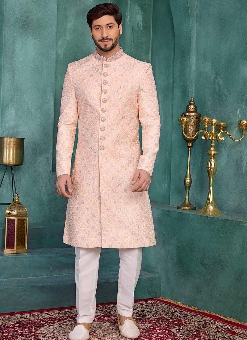 Peach Silk Sequins Embroidered Indowestern Sherwani Wedding Wear