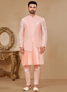 Peach Silk Sequins Embroidered Thread Bandi Set