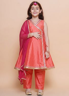 Peach Silk Sequins Lace Kids Straight Pant Suit Set