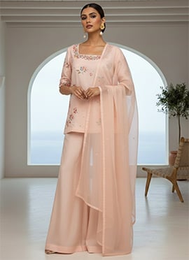 Peach Silk Stone Embellished Palazzo Suit