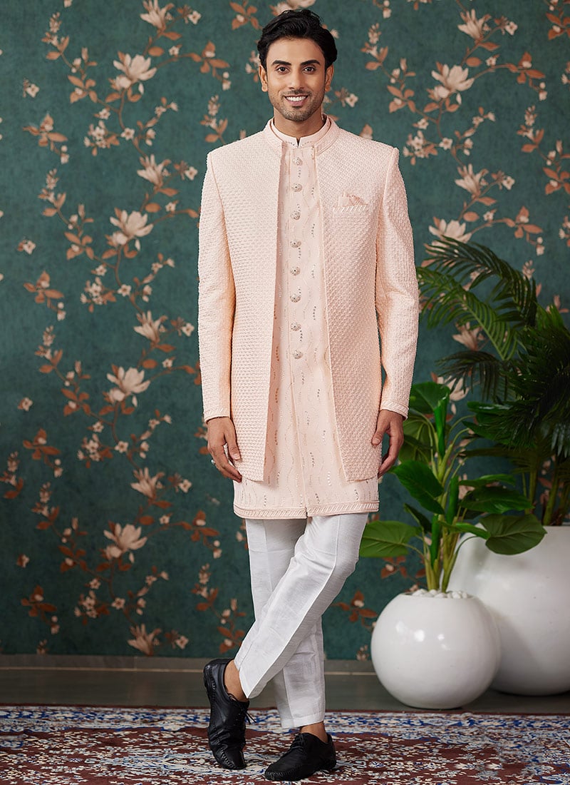 Peach Silk Thread Embroidered And Sequins Indowestern Sherwani Wedding Wear