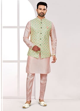 Peach Silk Thread Embroidered Sequins Bandi Set