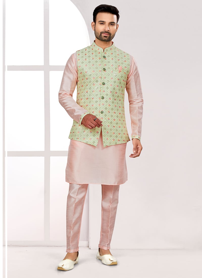 Peach Silk Thread Embroidered Sequins Bandi Set Festive Wear