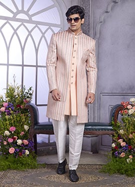 Peach Silk Thread Embroidered Sequins Jacket Style Indowestern Sherwani