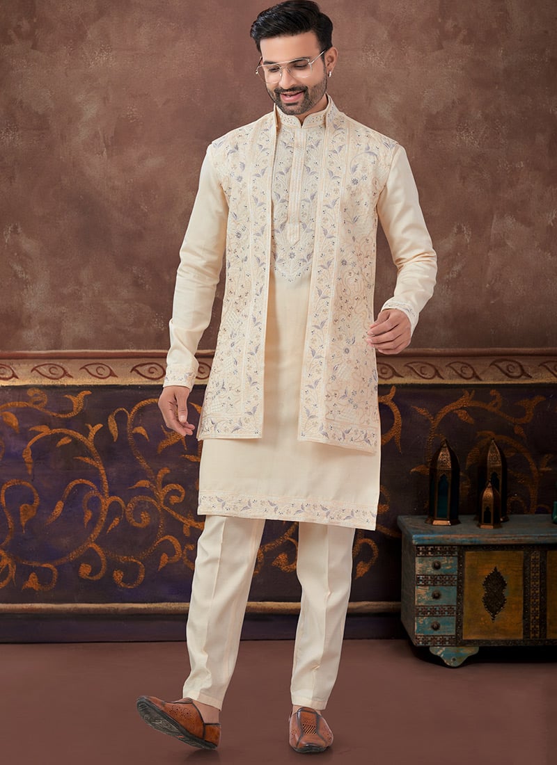 Peach Silk Thread Embroidered Sherwani