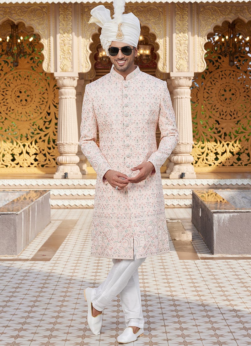 Peach Silk Thread Hand Embroidered Classic Sherwani Wedding Wear