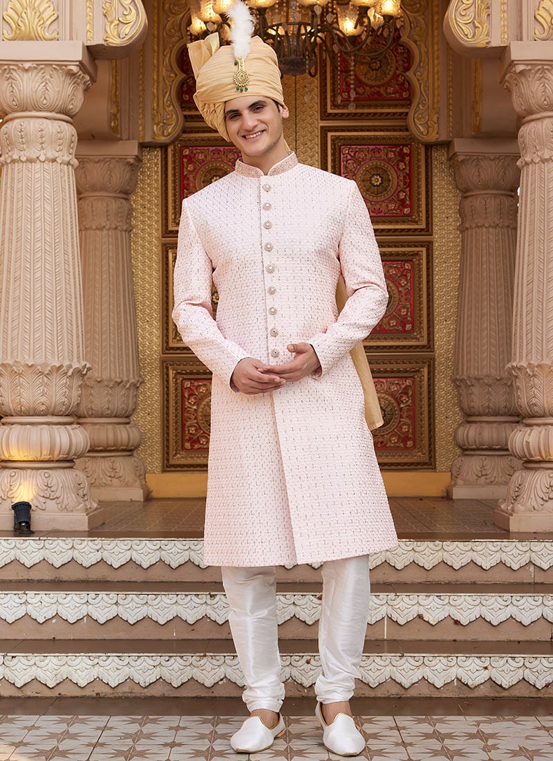 Peach Silk Thread Hand Embroidered Classic Sherwani Wedding Wear