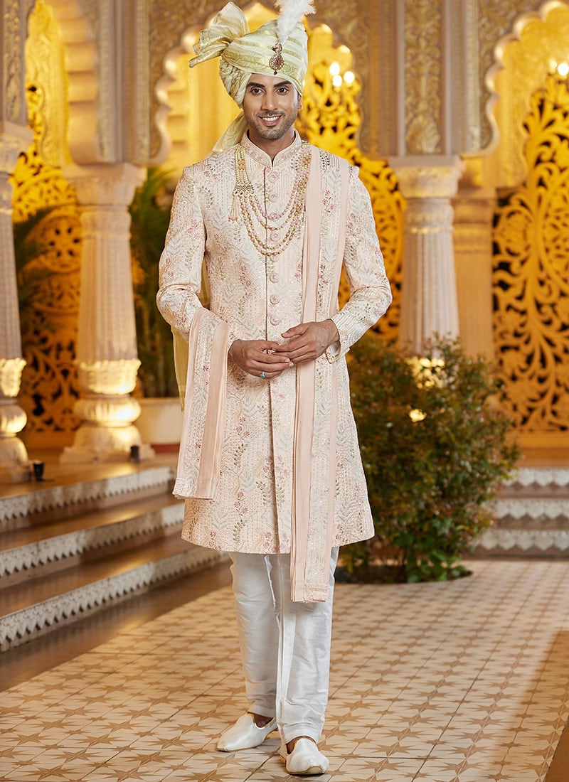 Peach Silk Thread Hand Embroidered Classic Sherwani Wedding Wear-SHMSC3310