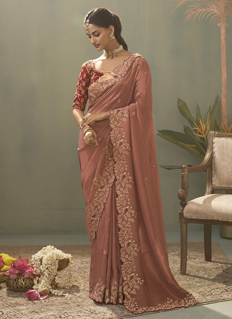 Peach Silk Zari Embroidered Sequins Saree Festive Wear