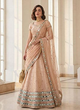 Peach Silk Zari Embroidered Sequins With Mirror Work Lehenga