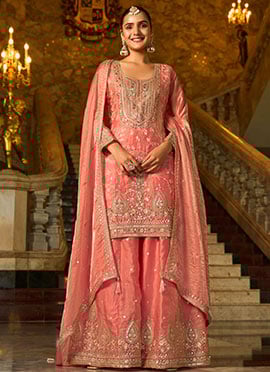 Peach Silk Zari Embroidered Sequins With Mirror Work Palazzo Suit
