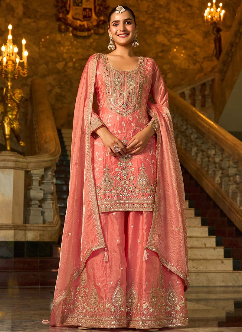 Peach Silk Zari Embroidered Sequins With Mirror Work Palazzo Suit Festive Wear