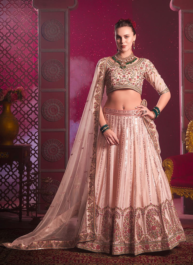Peach Silk Zari Embroidered Umbrella Lehenga