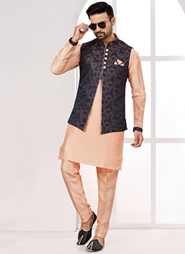 Peach Silk Zari Jacquard Bandi Set