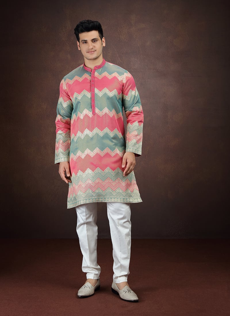 Peach Silk Zari Kurta Pyjama Festive Wear
