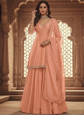 Peach Silk Zari Sequins Sharara Suit