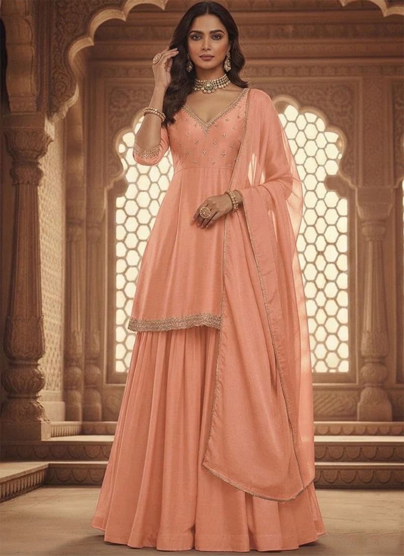 Peach Silk Zari Sequins Sharara Suit Festive Wear