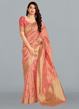 Peach Silk Zari Woven Saree
