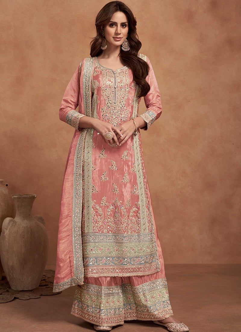 Peach Simar Silk Embroidered Sequins Gorgeous Pakistani Palazzo Suit Festive Wear
