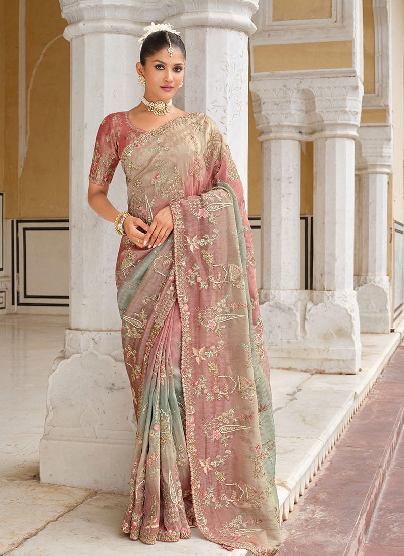 Peach Smooth Silk Zari Resham Sequins Embroidered Stone Work Saree Wedding Wear