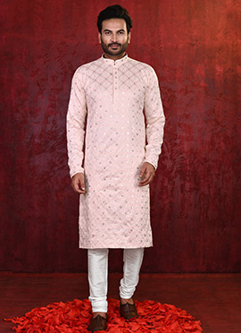 Peach Soft Rayon Lucknowi Chikankari Kurta Pyjama For Men