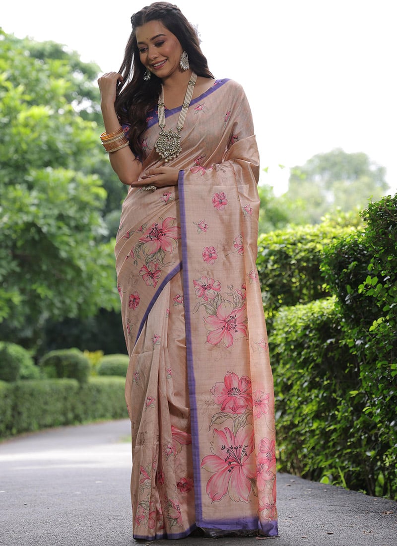 Peach Soft Tussar Silk Floral Digital Print Saree Festive Wear