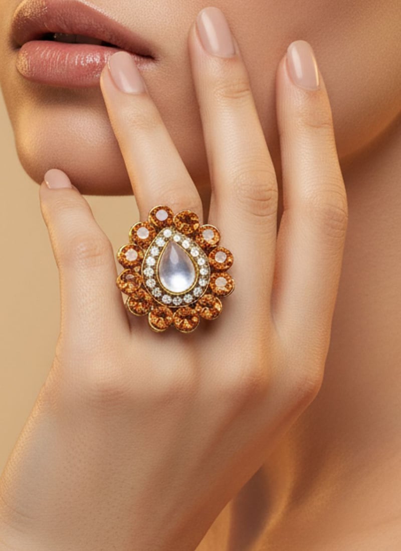 Peach Stones Kundan Ring Festive Wear