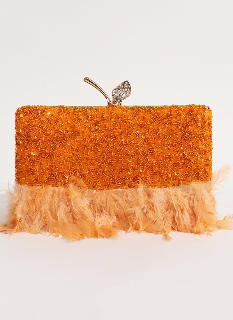 Peach Suede Clutch Embossed With Beads And Stones Party Wear