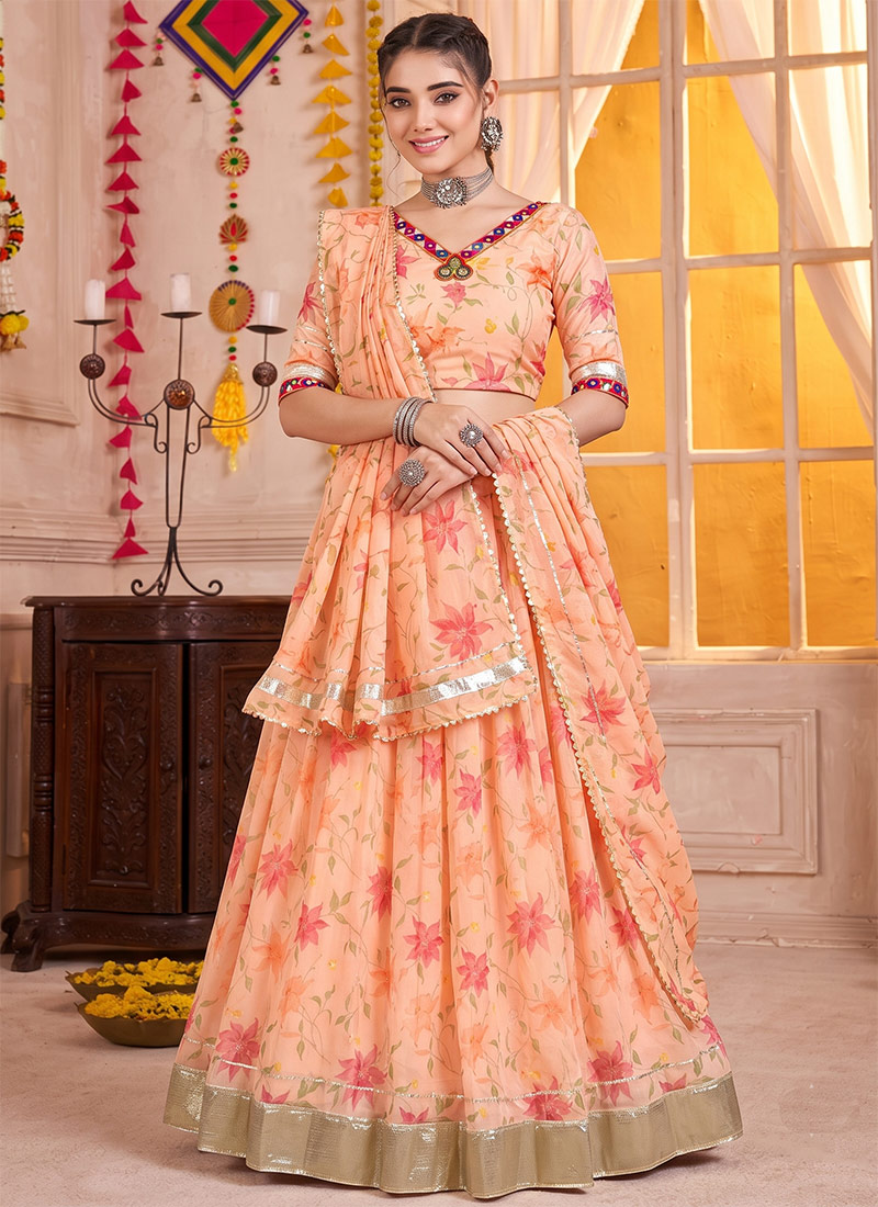 Peach Tabby Silk Floral Printed Mirror Gota Work Lehenga Festive Wear