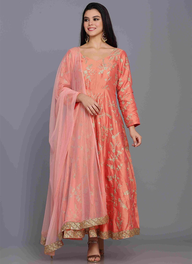 Peach Taffeta Anarkali Suit Party Wear