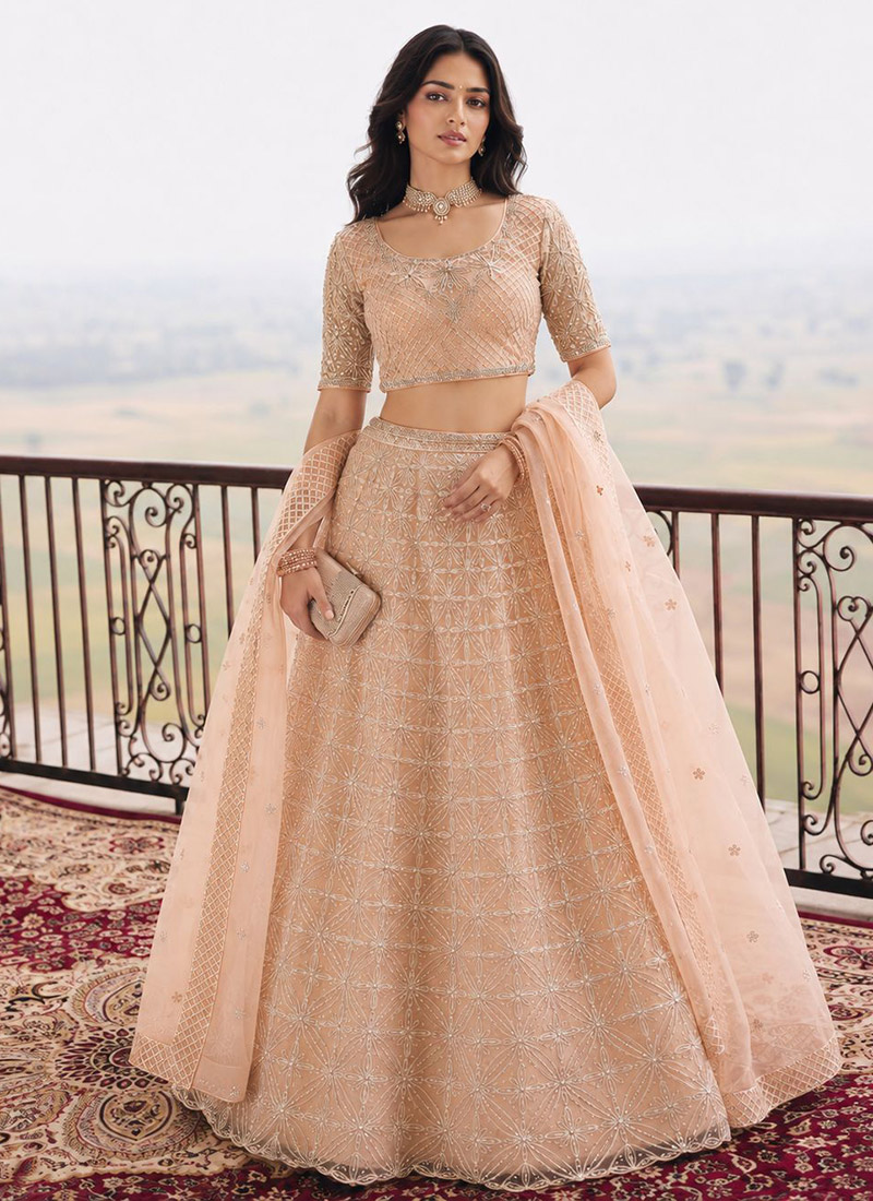 Peach Thread Embroidered Soft Net Lehenga Wedding Wear