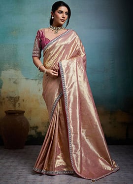 Peach Tissue Banarasi Silk Zari Hand Embroidered Stone Work  Saree