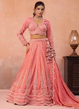 Peach Tissue Embroidered Sequins Beads Work Lehenga