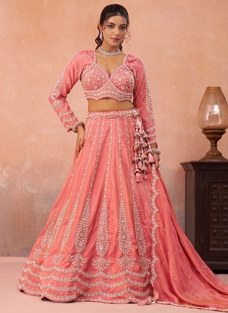 Peach Tissue Embroidered Sequins Beads Work Lehenga Wedding Wear