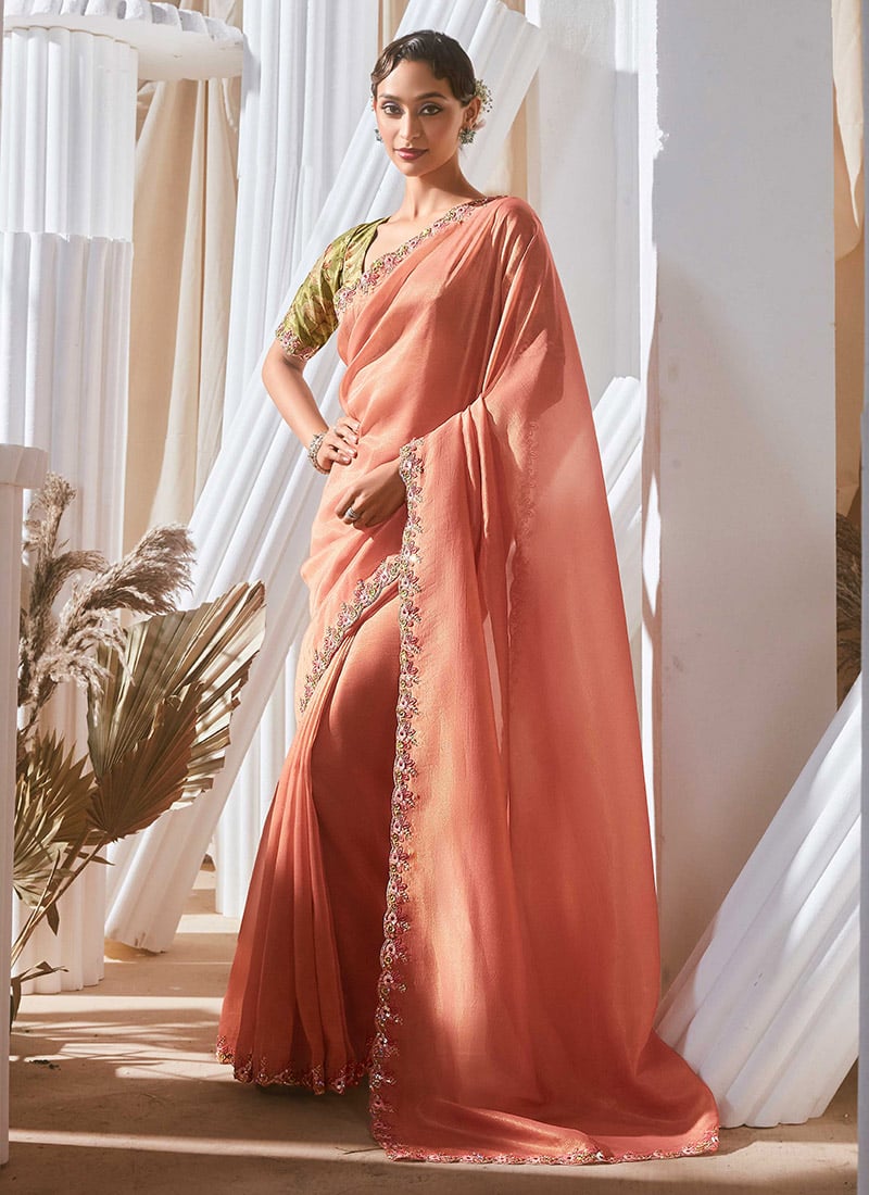 Peach Tissue Embroidered Sequins Saree With Digital Print Blouse Festive Wear